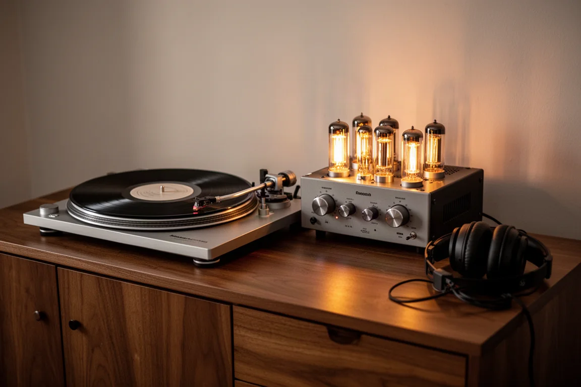 Platine tourne-disque jouant un vinyle à côté d'un amplificateur à tubes rayonnant le soir