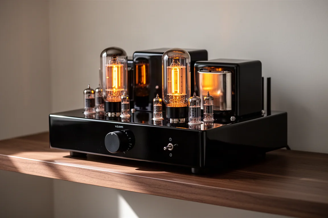 Glossy black tube integrated amplifier with glowing vacuum tubes on a walnut shelf