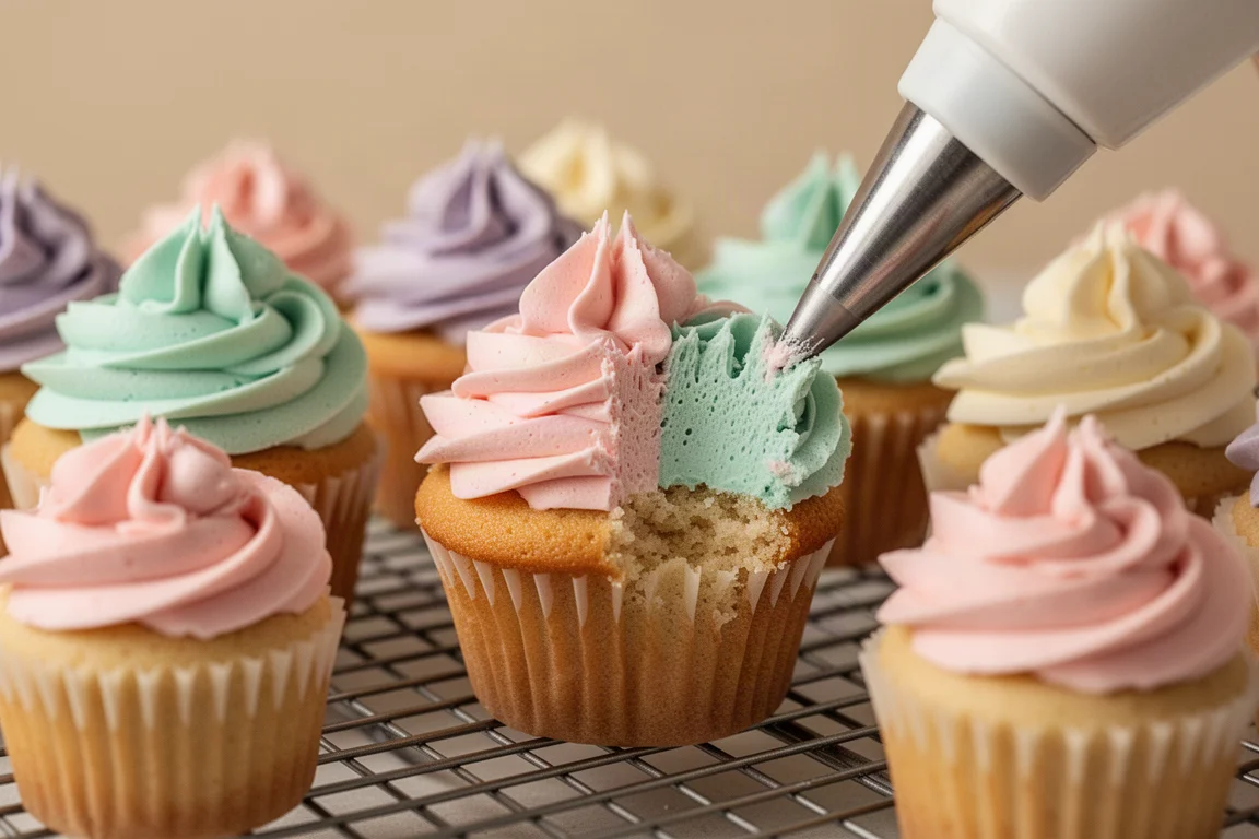 Buttercream rosettes and swirls piped onto cupcakes on a wire rack