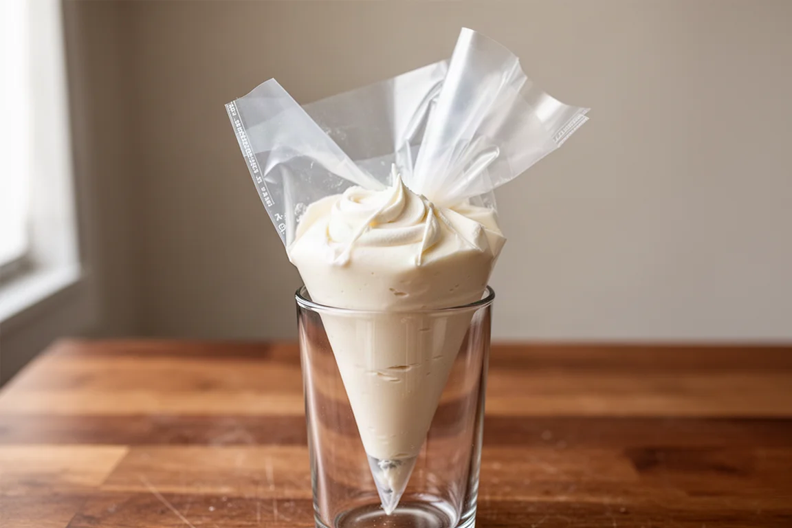 Hand filling a disposable pastry bag with frosting
