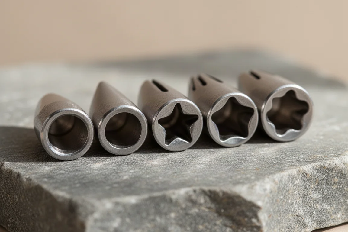 Metal piping tips arranged in a row on a neutral surface