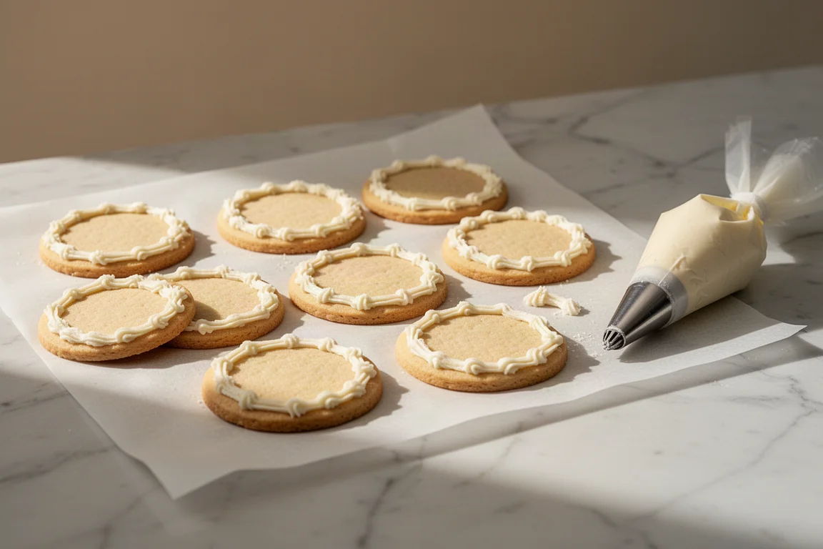 Decorated cookies with fine piped buttercream details on parchment paper