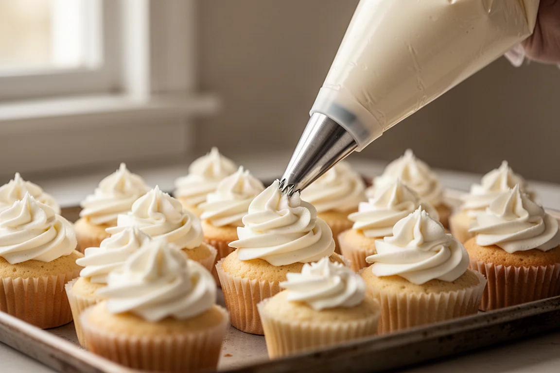 Buttercream being piped in rosettes onto a batch of cupcakes