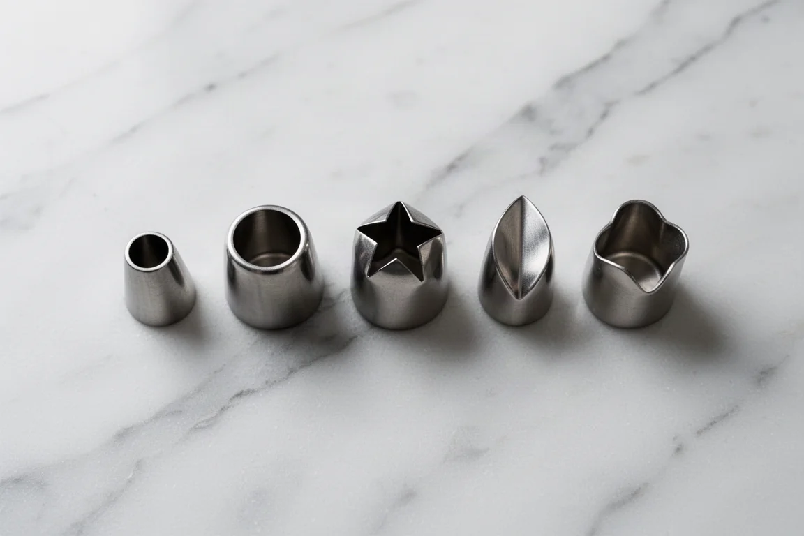 Six piping tips laid out on a marble surface showing different tip openings