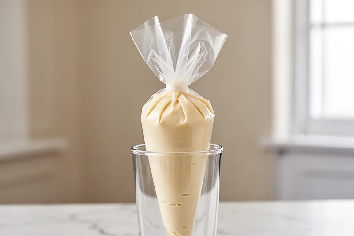 A clear disposable pastry bag being filled with buttercream halfway