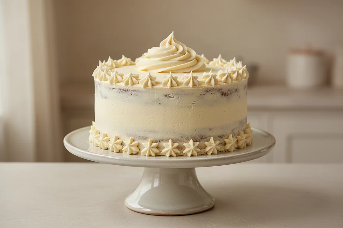 A frosted cake with piped star borders and written buttercream lettering