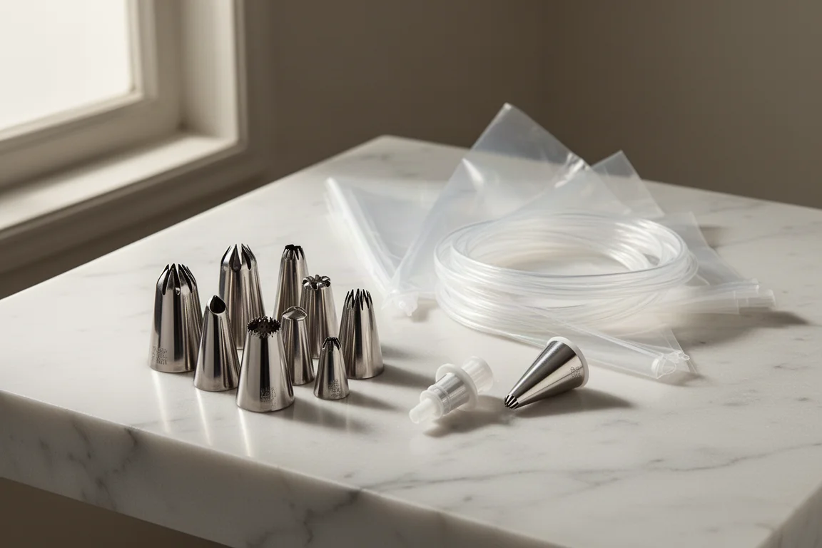Buttercream piping tips, disposable pastry bags, and couplers on a marble surface
