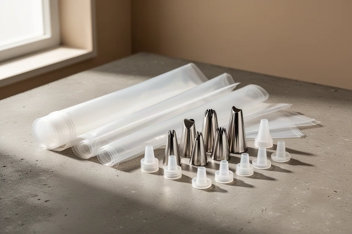 Piping set with pastry bags, metal tips, and couplers arranged on a concrete surface