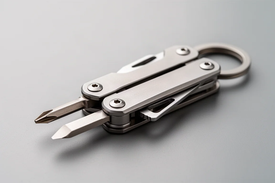 Compatto multitool portachiavi in titanio con funzioni cacciavite ripiegate insieme