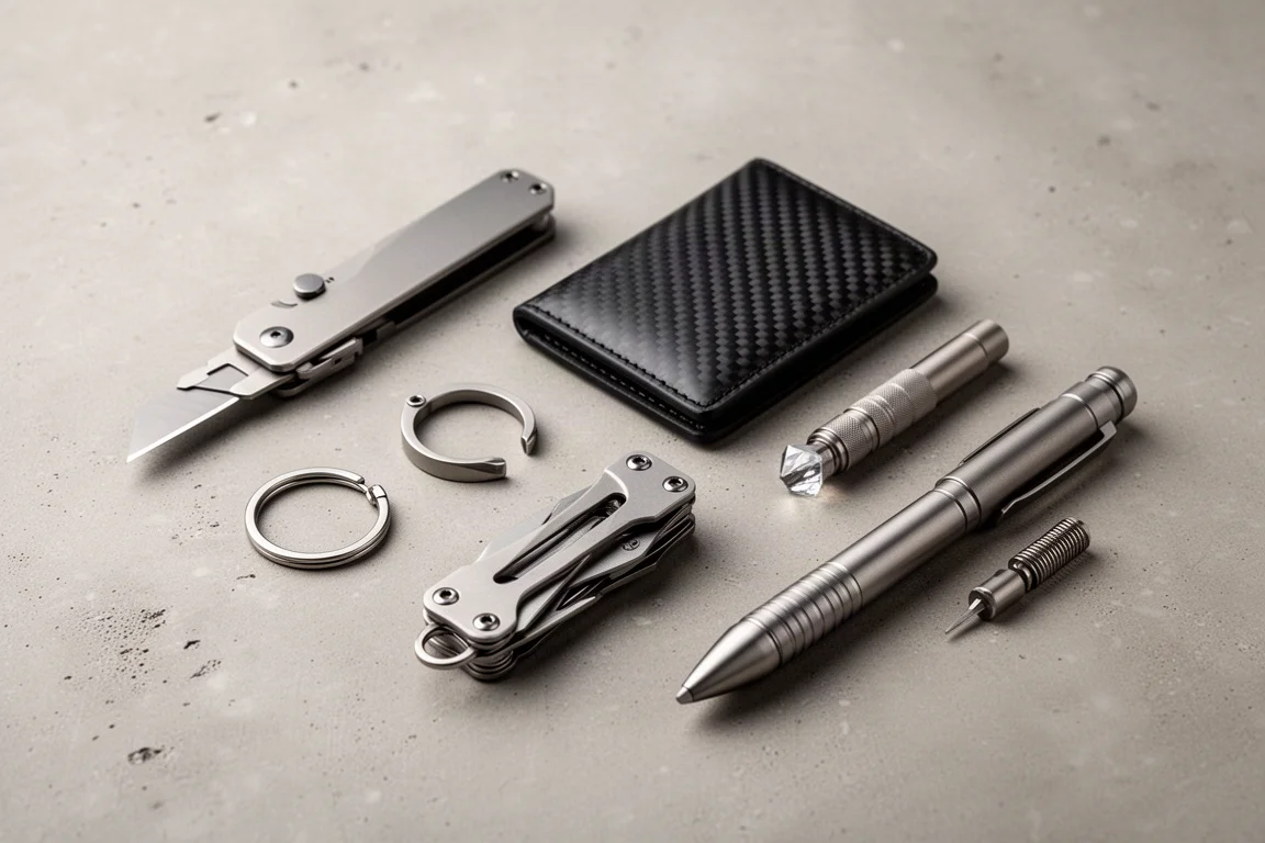 Six Win Labs everyday carry items arranged on a concrete surface