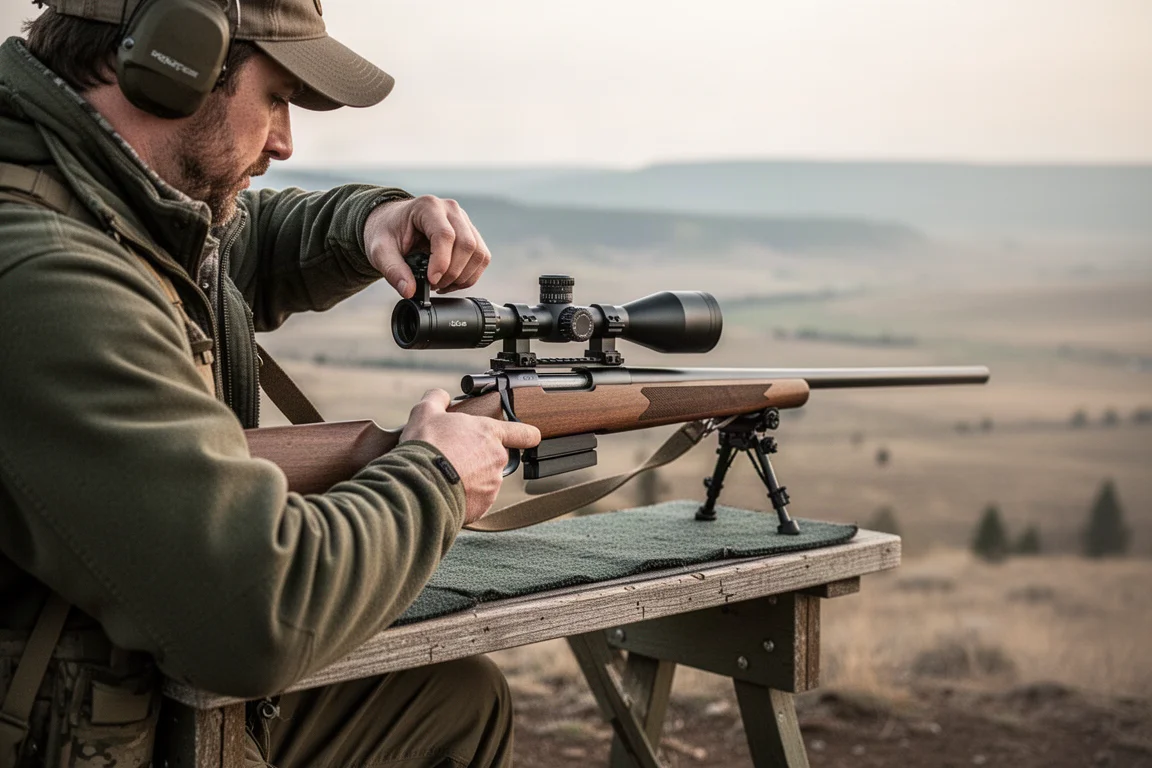 Tirador de largo alcance ajustando una mira en un rifle en un campo de tiro en Oregón