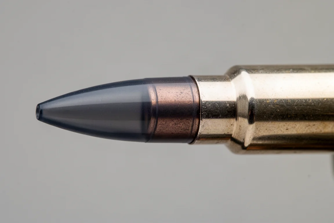 Primer plano de un cartucho de rifle con punta de polímero translúcido gris oscuro y caja niquelada