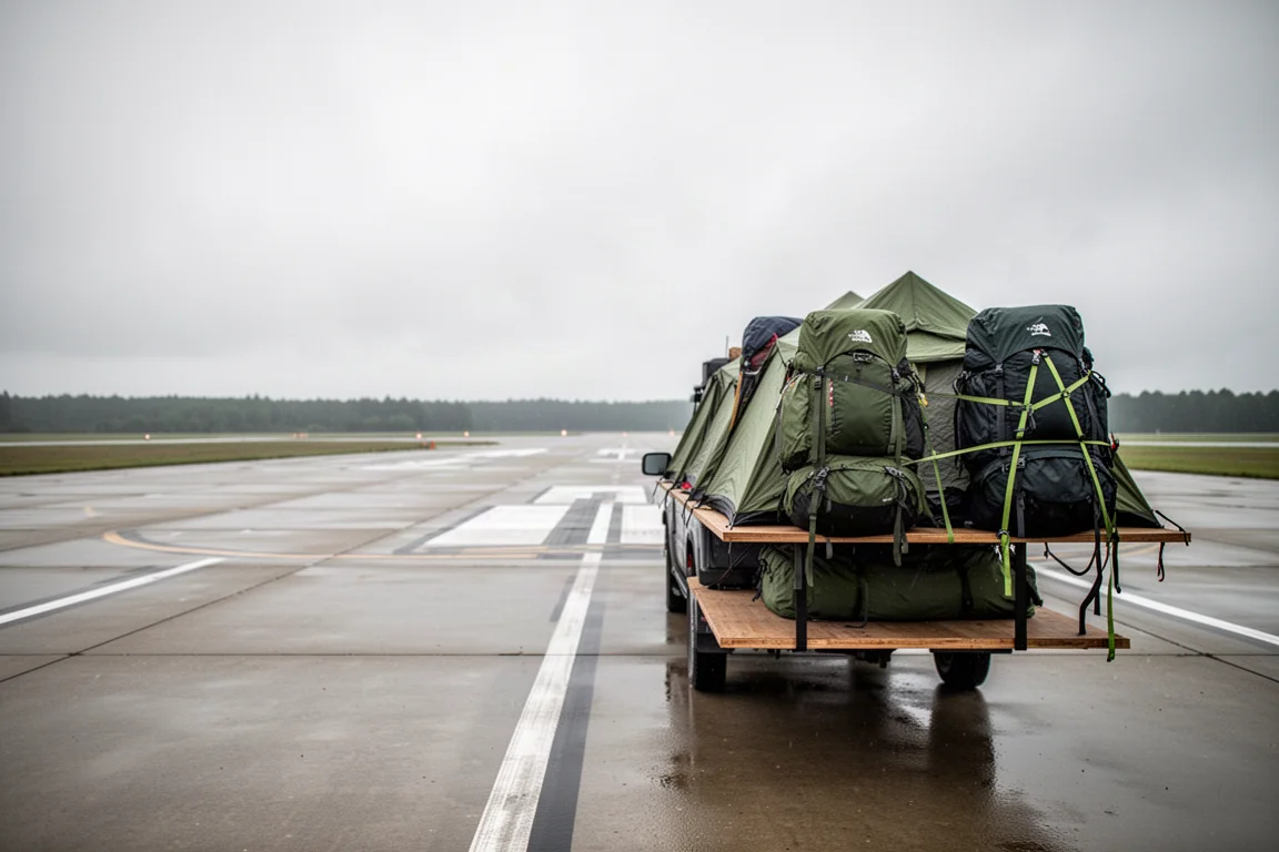 Backpacking tents strapped to a wooden platform on a vehicle roof on an empty wet runway