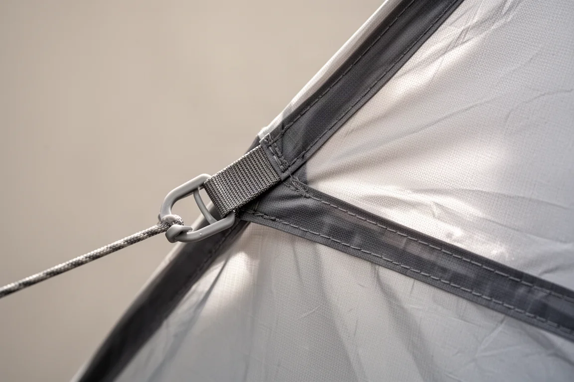 Close-up of a tent corner webbing loop and stitched seam pulled taut in soft light