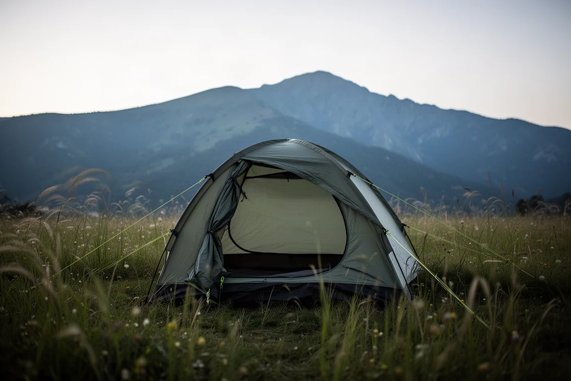 Compact two-person tent pitched in a mountain meadow at dusk with grass bending in wind
