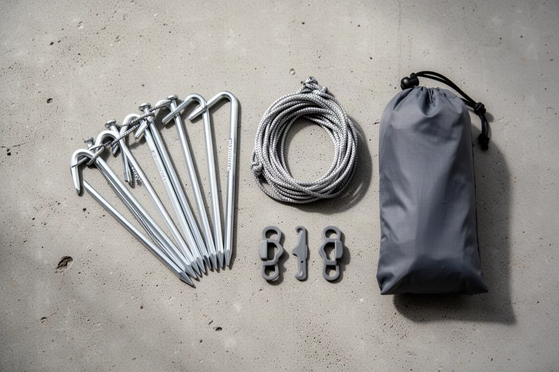 Overhead flat-lay of aluminium tent stakes, guy line, tensioners and stuff sack on concrete