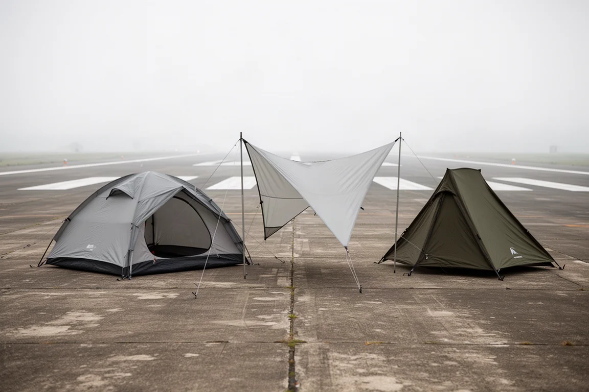 Three backpacking tents pitched on a concrete runway under overcast light