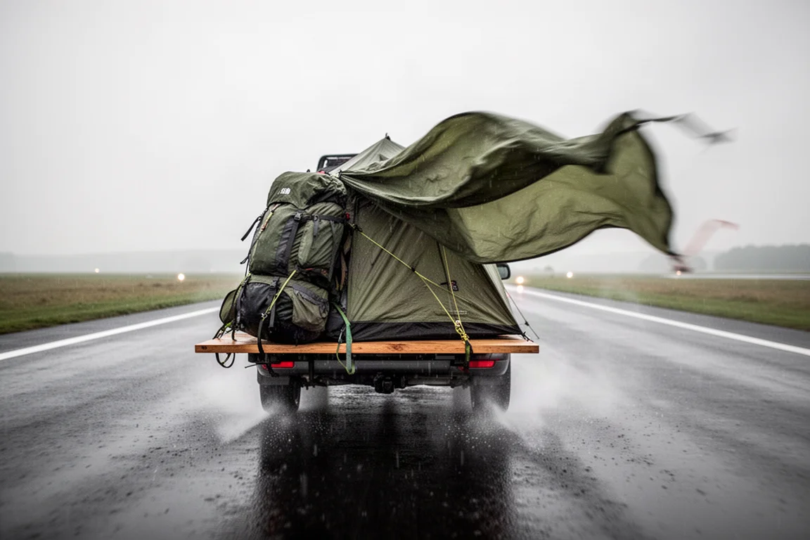 Trekkingzelt auf einer Dachplattform eines Autos auf nasser Startbahn festgezurrt