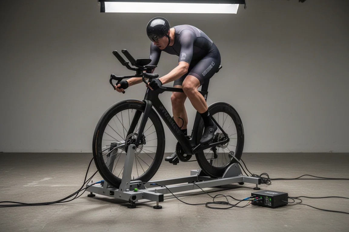 Kolarz na rowerze czasowym zamontowanym na stanowisku do testów aerodynamicznych w hali