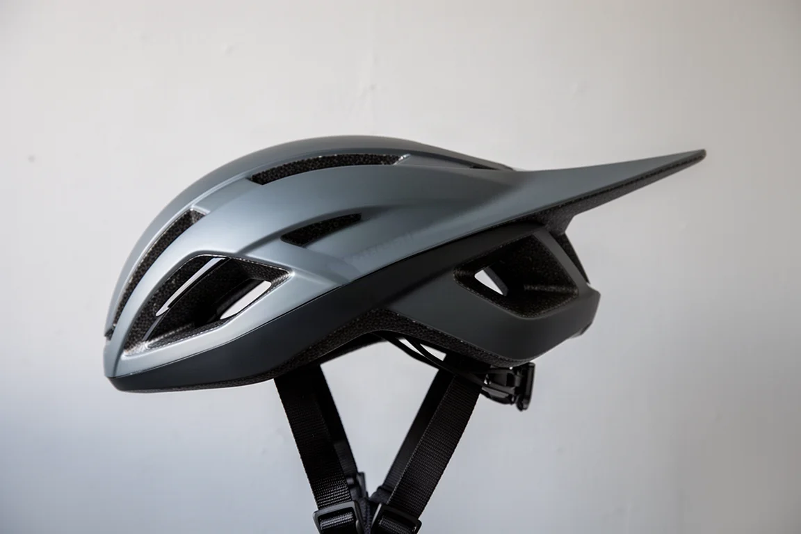 Profil boczny aerodynamicznego kasku rowerowego z długim ogonem na tle szarej ściany