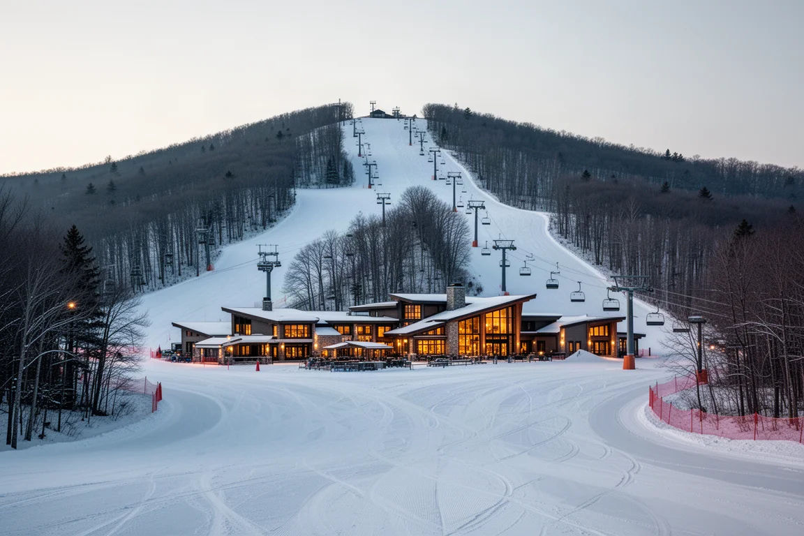 Ski resort base lodge and groomed slopes at dusk with chairlift towers