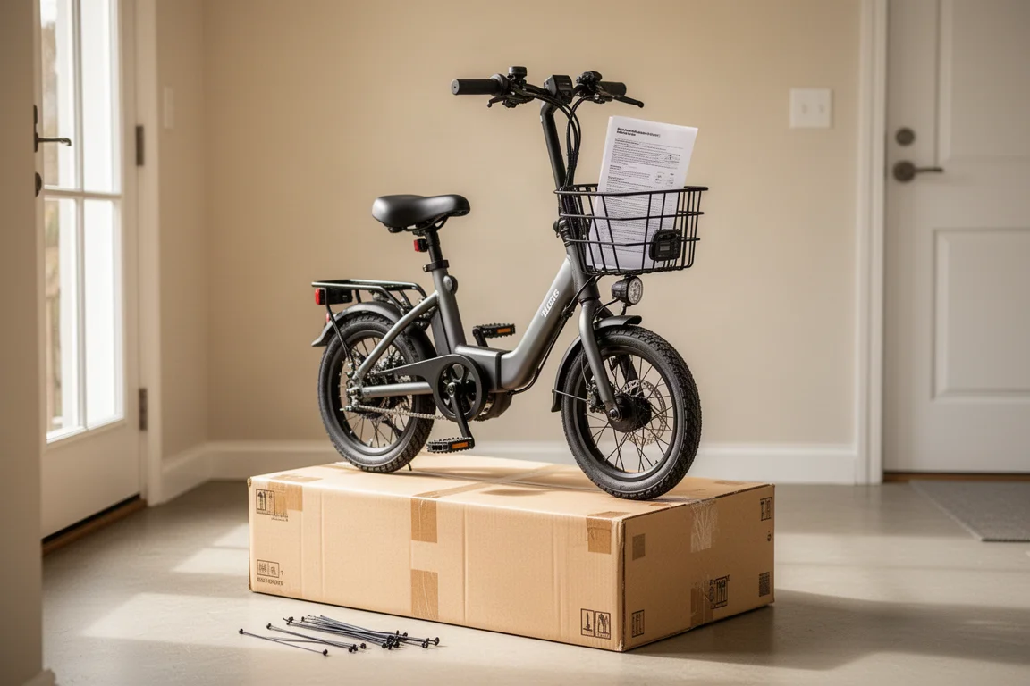 Compact e-bike just unboxed with pedals and manual resting in the front basket