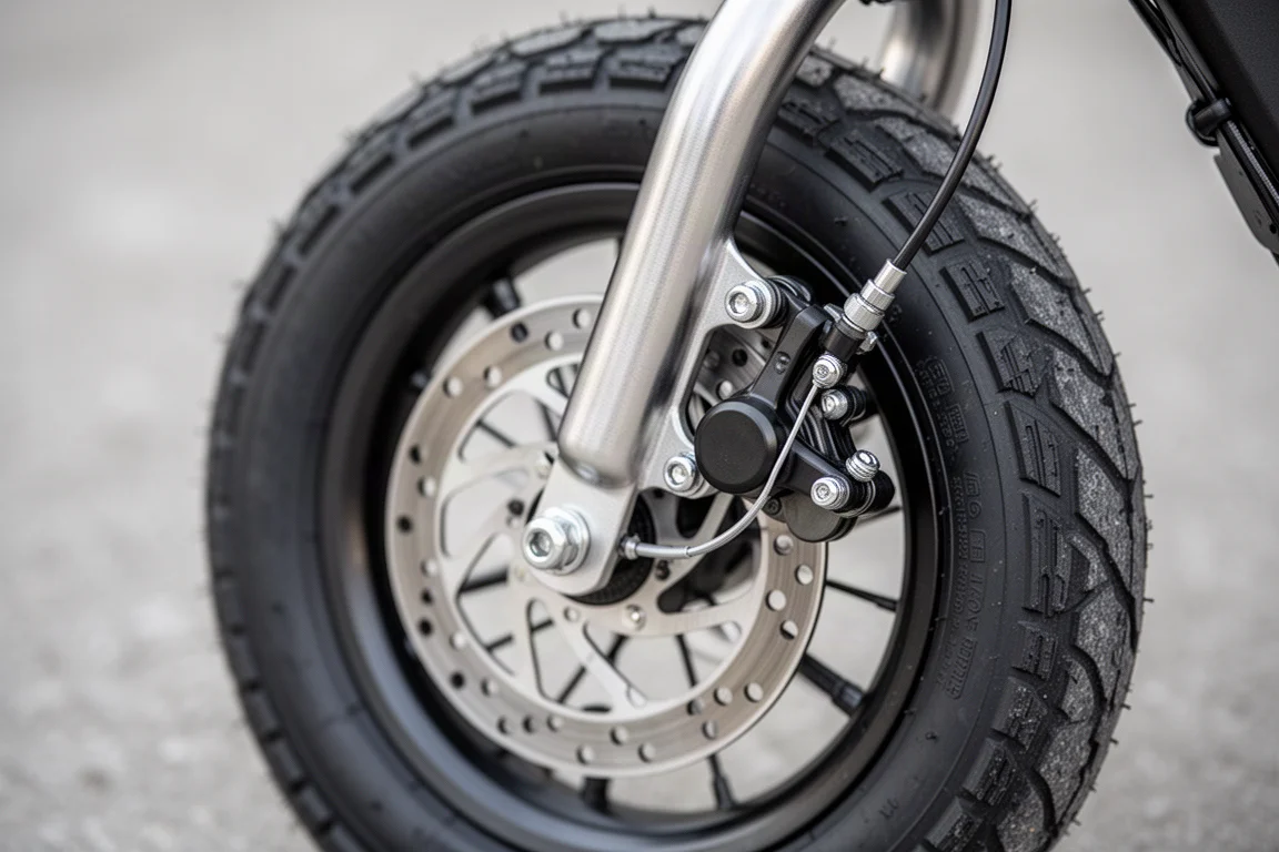 Close-up of a front disc brake and caliper on a small e-bike wheel