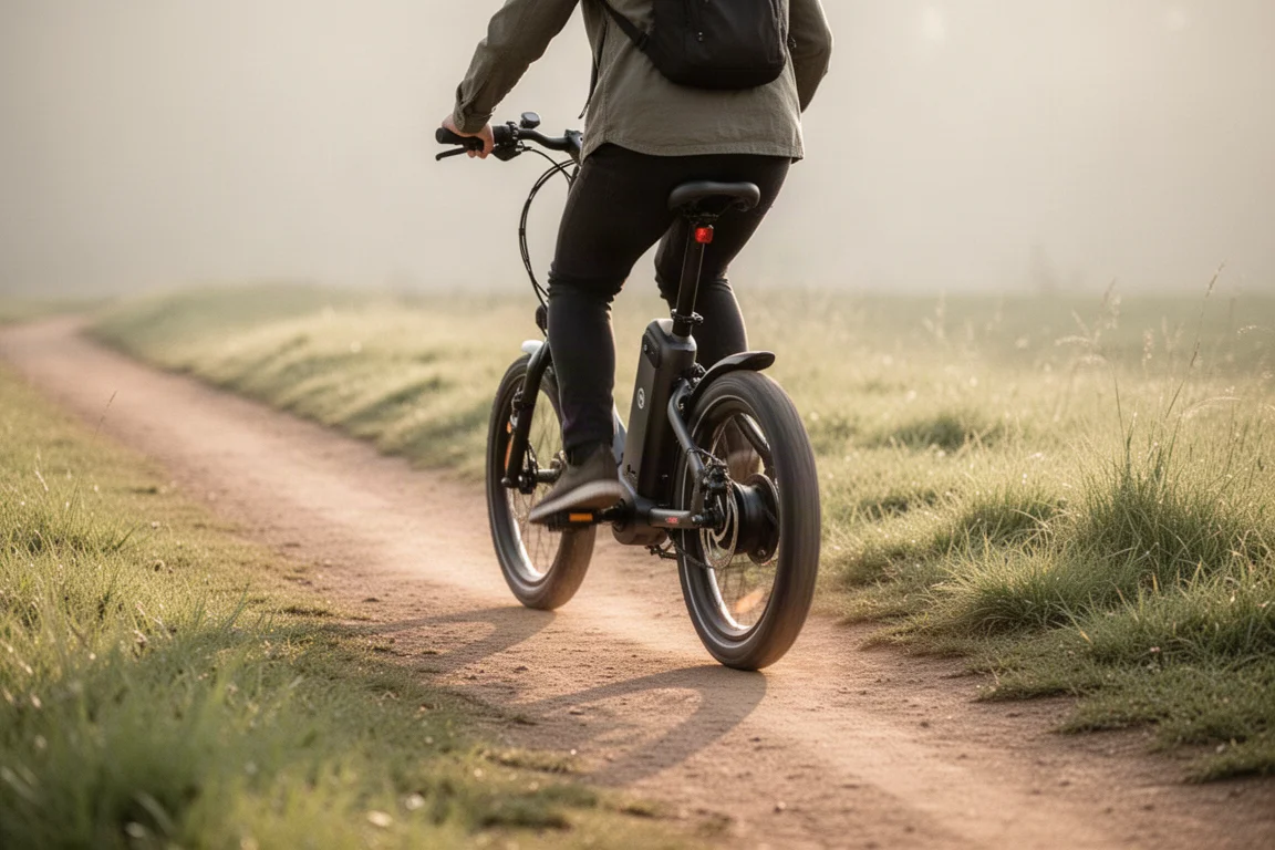 E-bike rider cruising along a park path with grass on either side