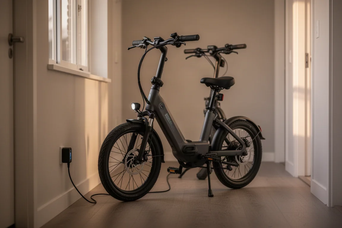 E-bike plugged into a wall charger in a hallway overnight