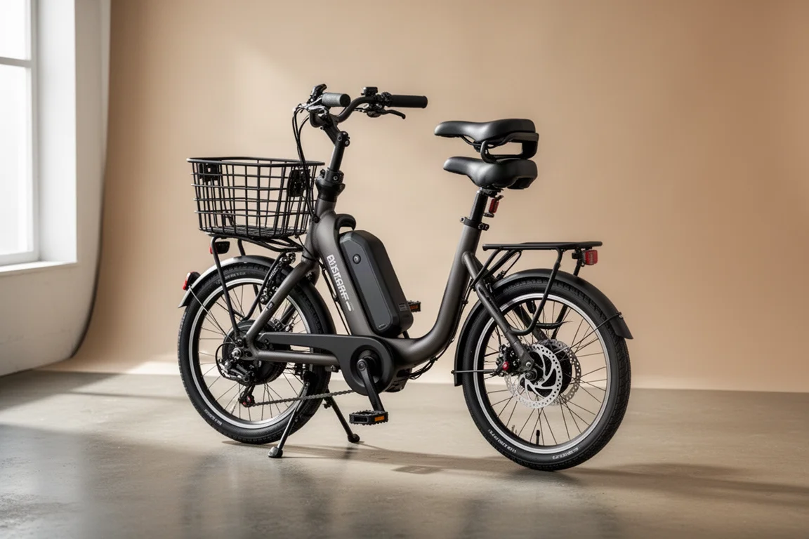 Compact step-through Windhorse W3 e-bike with 14-inch wheels on a studio floor