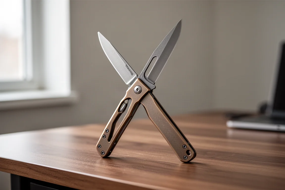 Thin titanium folding knife component standing open on a neutral surface