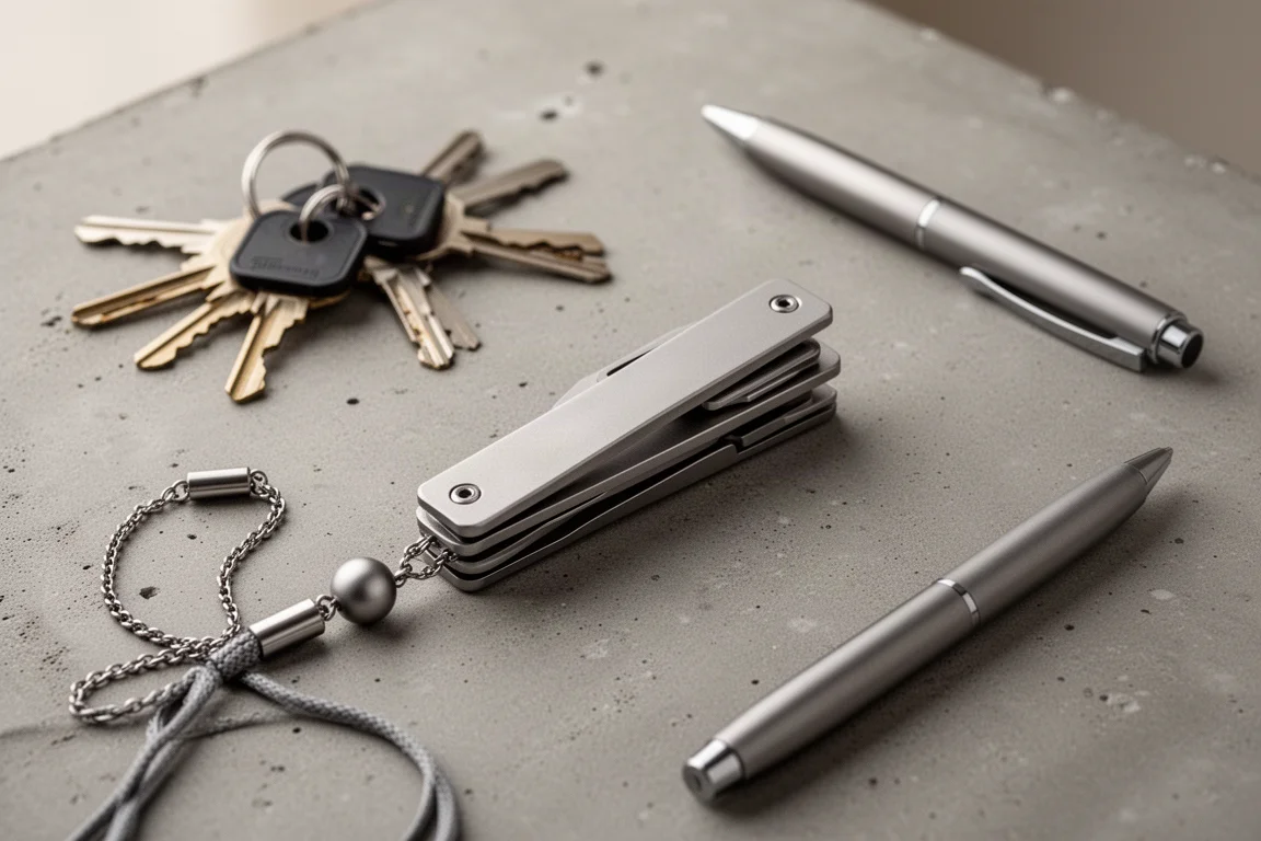 Compact EDC tool stack clipped to a keychain next to everyday items