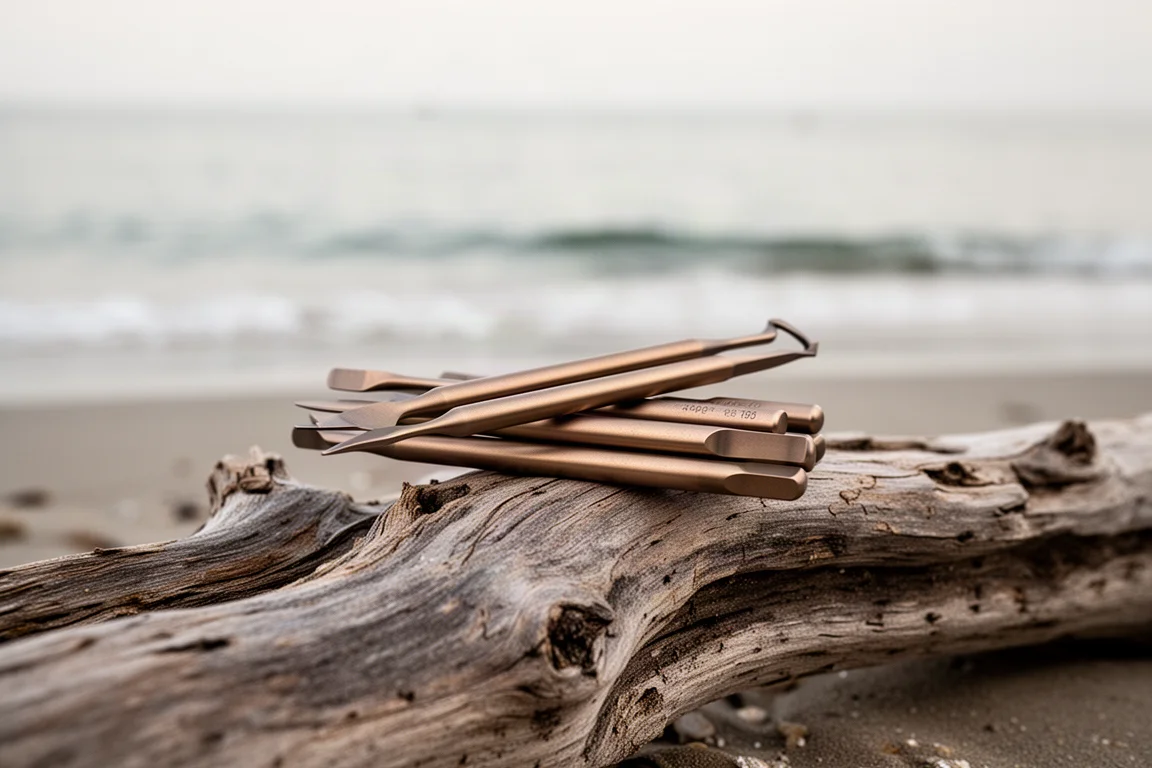 Titanium tools resting on weathered wood near coastal water