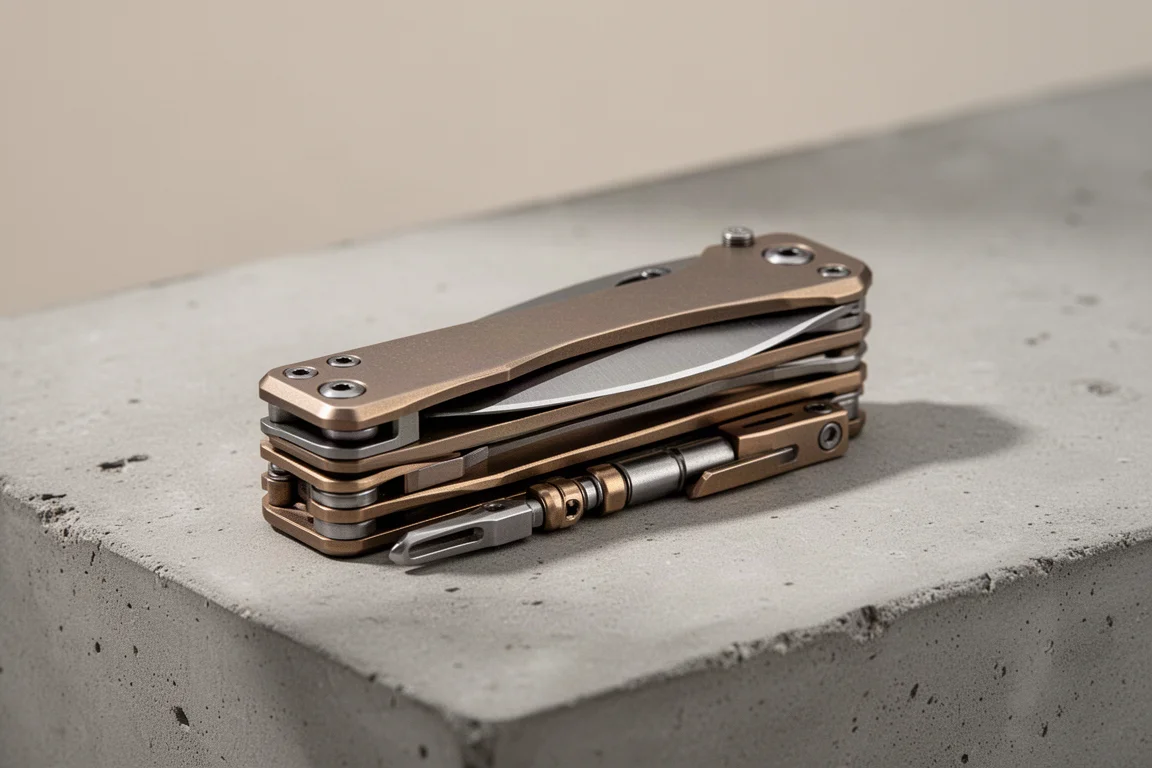 Windler Tool Stack modular titanium multi-tool components stacked on concrete surface