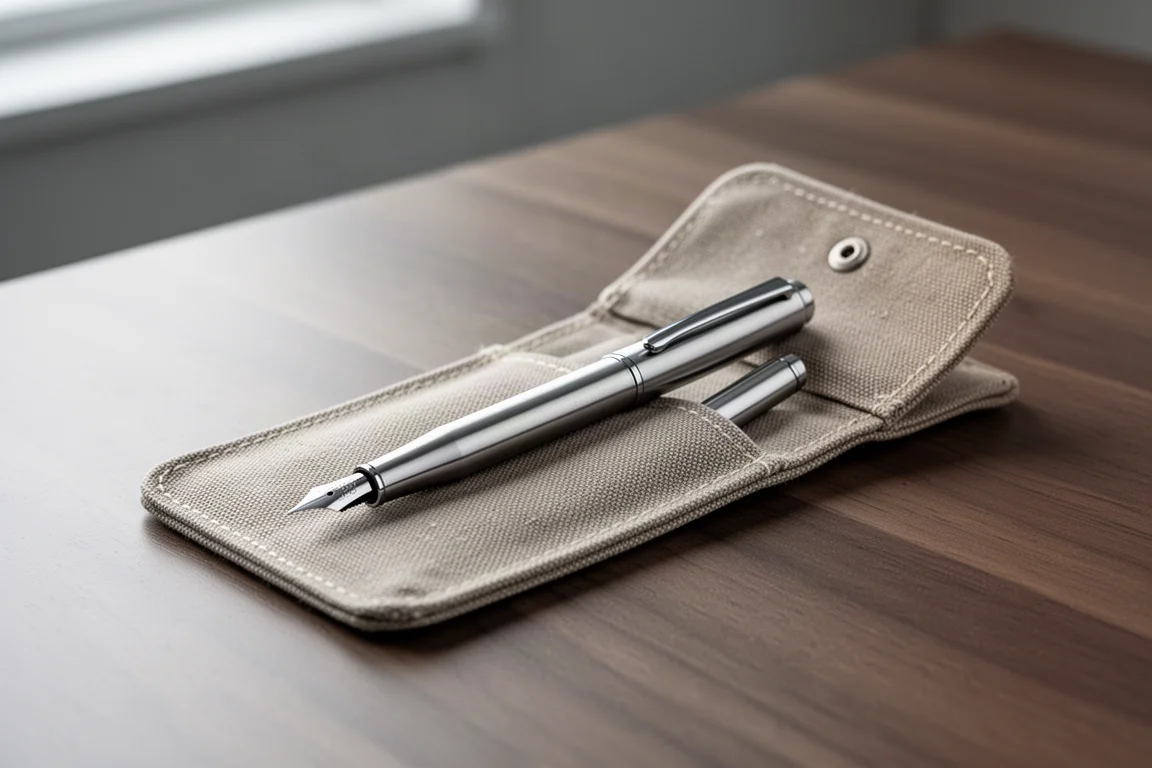 Stylo plume fin en métal dans une housse en toile ouverte sur un bureau en bois