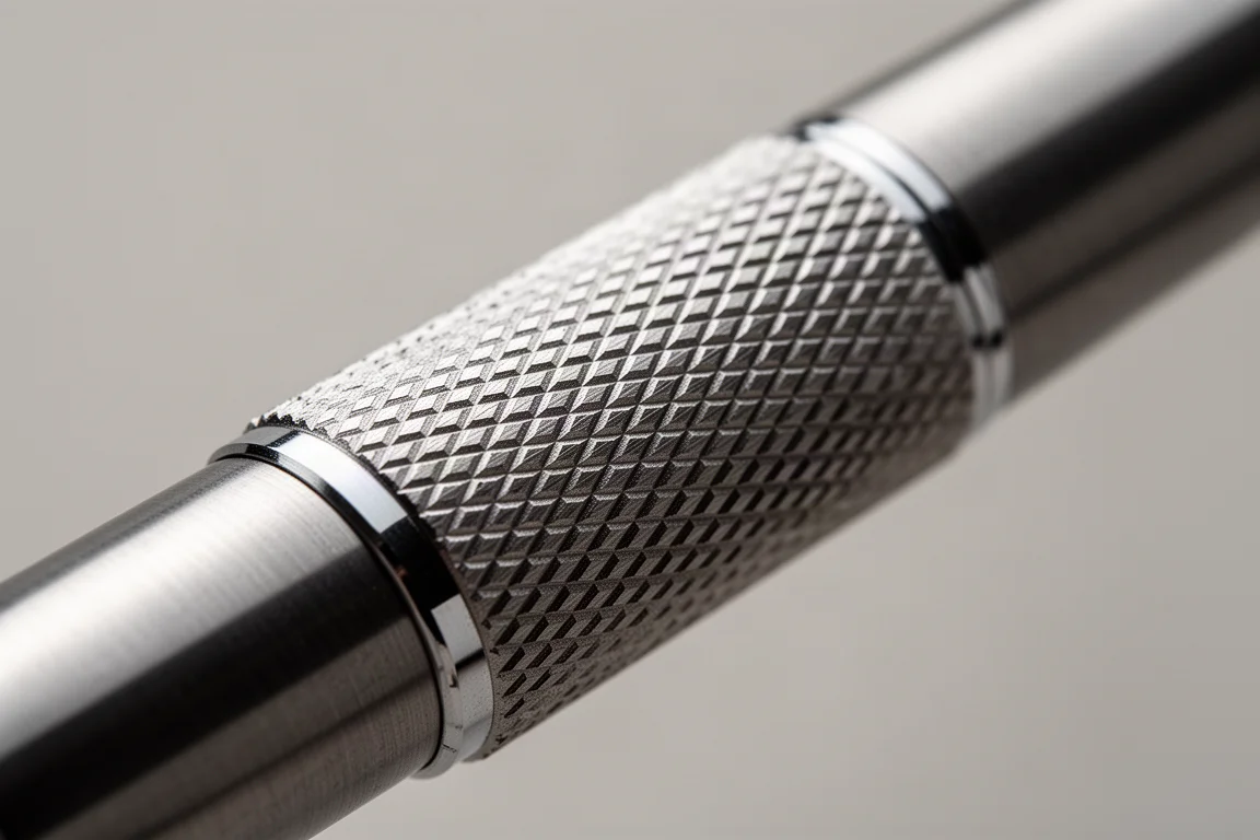 Gros plan sur une section de préhension métal moletée montrant une fine texture striée