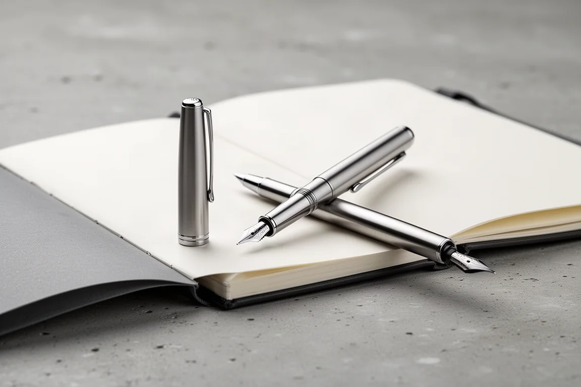 Stylo de poche compact capuchoné à l'arrière sur un bureau à côté d'un carnet