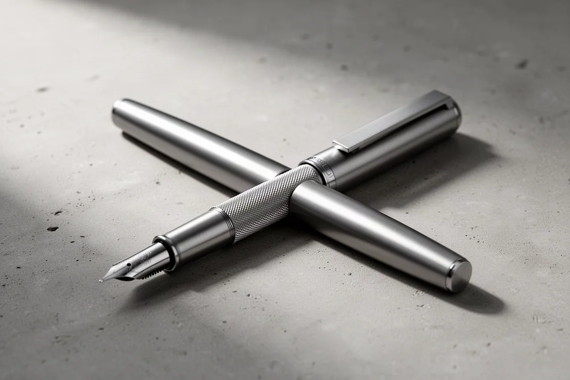 Minimalist machined steel fountain pen beside a canvas pen sleeve on concrete