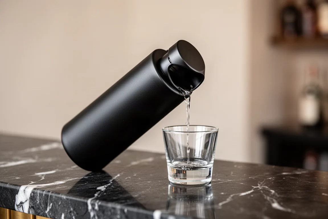 Boca ancha de una petaca cilíndrica llenando un vaso en la barra de un bar