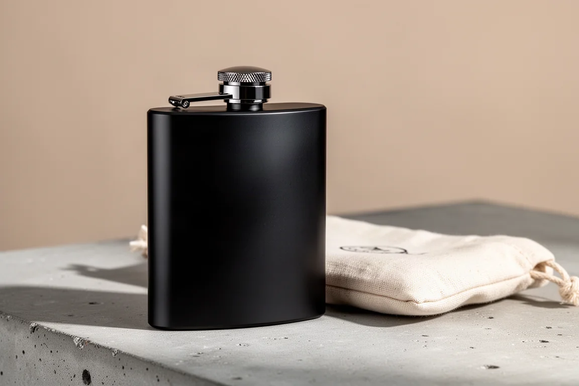 Black cylindrical Wingback hip flask on concrete with a cotton pouch