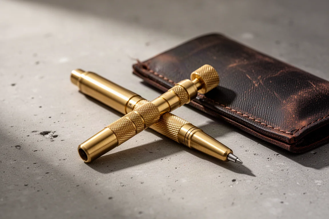 Brass mechanical pen on a concrete surface beside handwritten notes