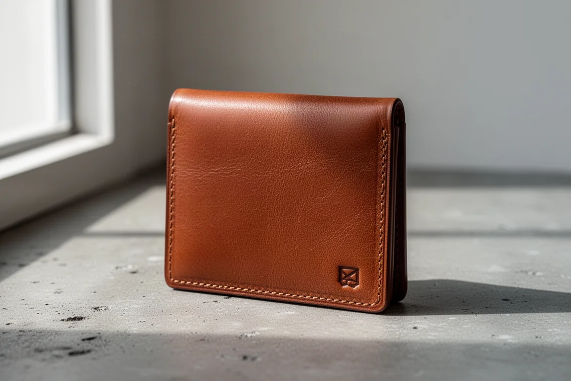 Chestnut brown leather card holder standing on a concrete surface