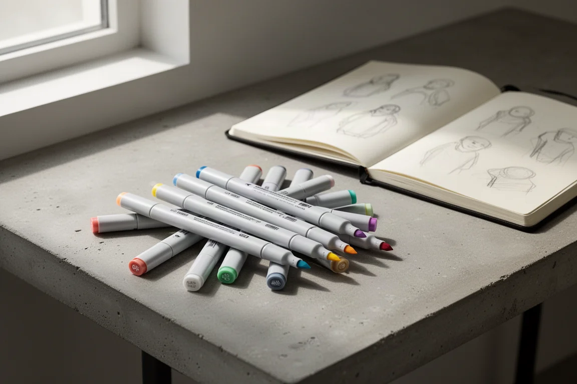 Set of watercolor markers beside an open sketchbook on a concrete desk