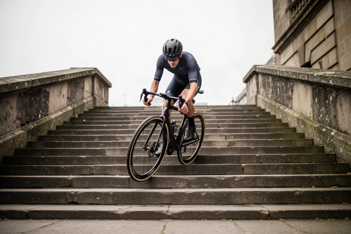 Road cyclist riding down a long stone staircase in daylight