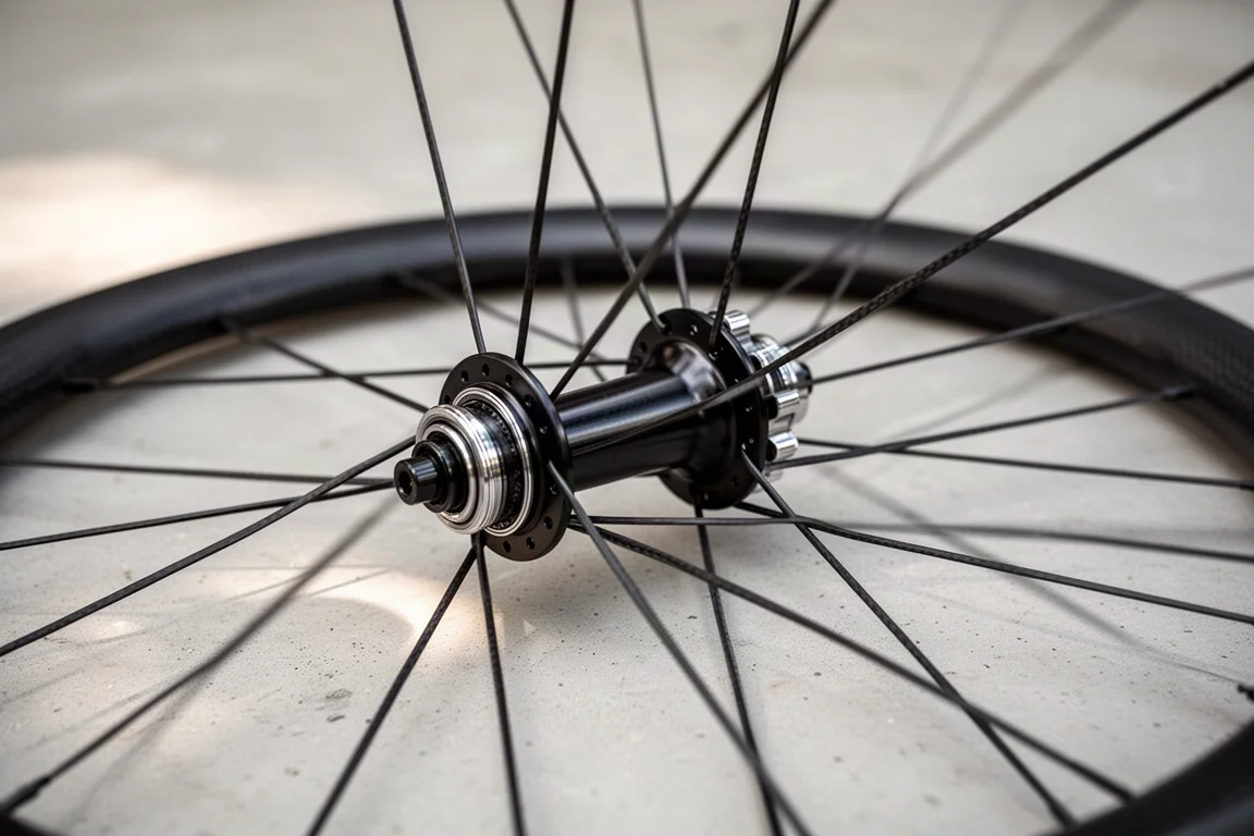 Close up of a carbon wheel hub with thin spokes on concrete