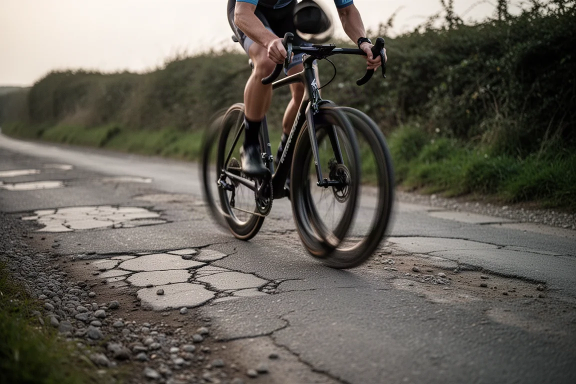 Road cyclist riding over rough broken tarmac on a country lane