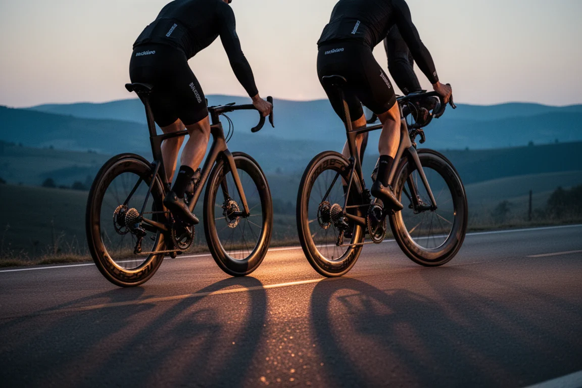 Two cyclists climbing an open road at dusk with deep section wheels