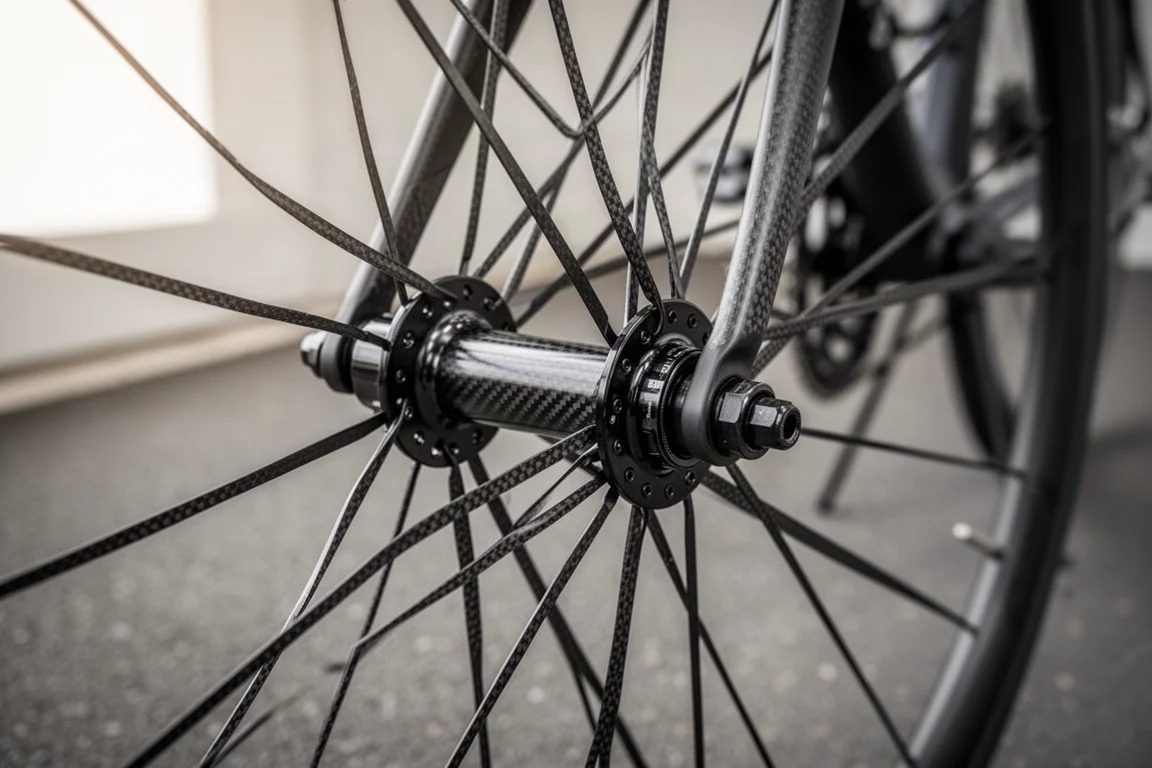 Nahaufnahme von messerförmigen Carbon-Speichen, eingespeicht in eine Aluminium-Fahrradnabe mit breitem Flansch