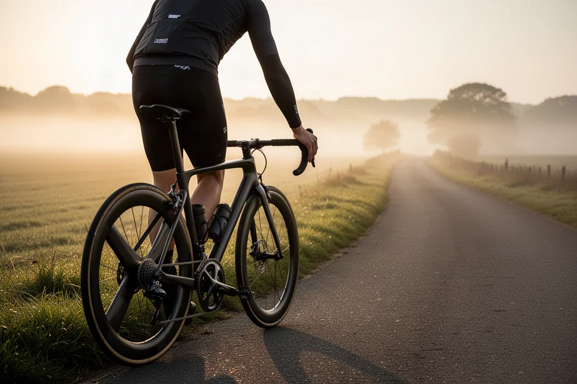 Radfahrer von hinten bei Sonnenaufgang auf einer ruhigen Landstraße vor der Ausfahrt