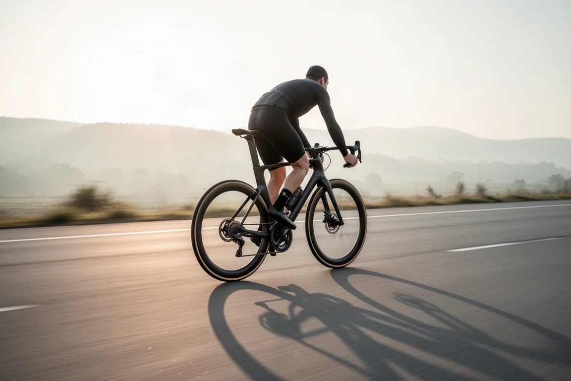 Rennradfahrer fährt bei goldener Stunde schnell auf einem Aero-Rennrad über eine leere Küstenstraße